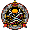 Punta Ox Ha logo, a sun setting over stylized Pacific waves in an Aztec-inspired circular emblem